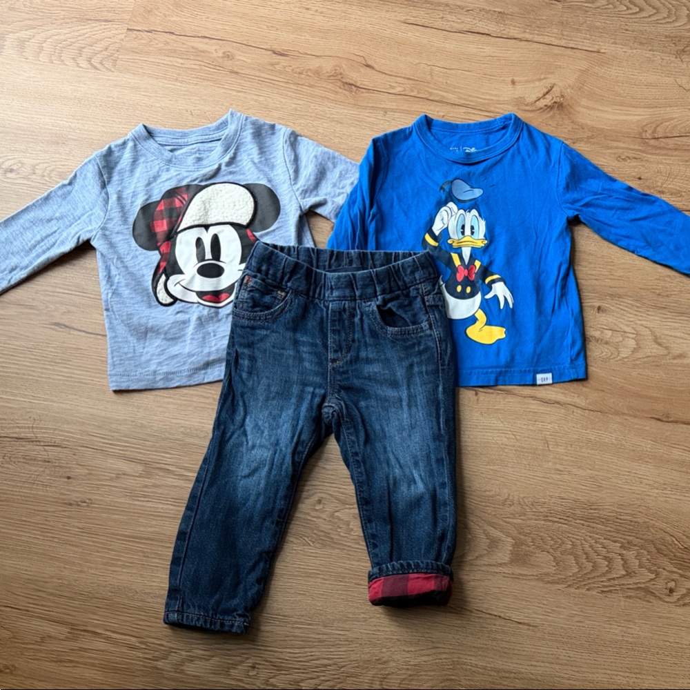 GAP Disney Character Long Sleeve Shirts and Jeans Bundle (12-18mos)